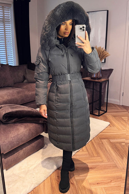 Longline Puffer Padded Coat With Fur Hood And Belt Grey