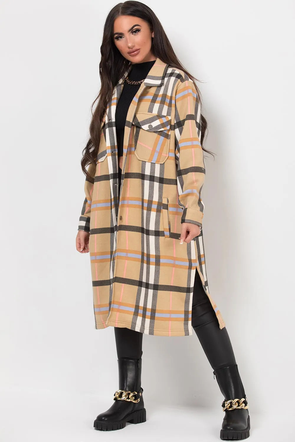 Long Check Shacket Camel