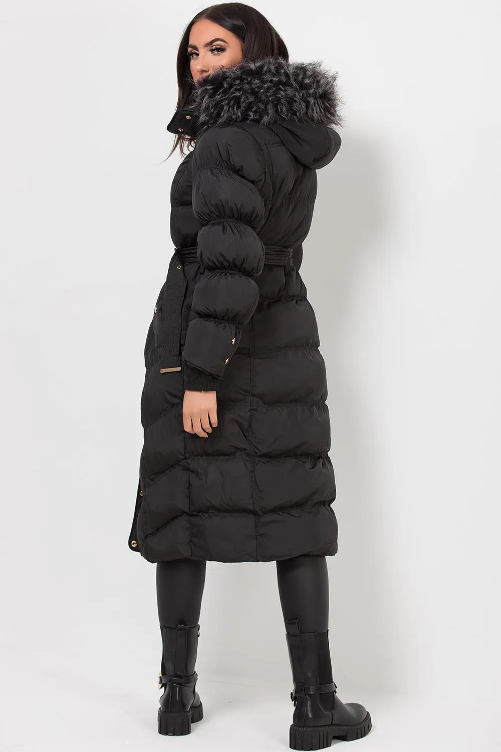 Black Long Puffer Coat With Fur Hood And Belt