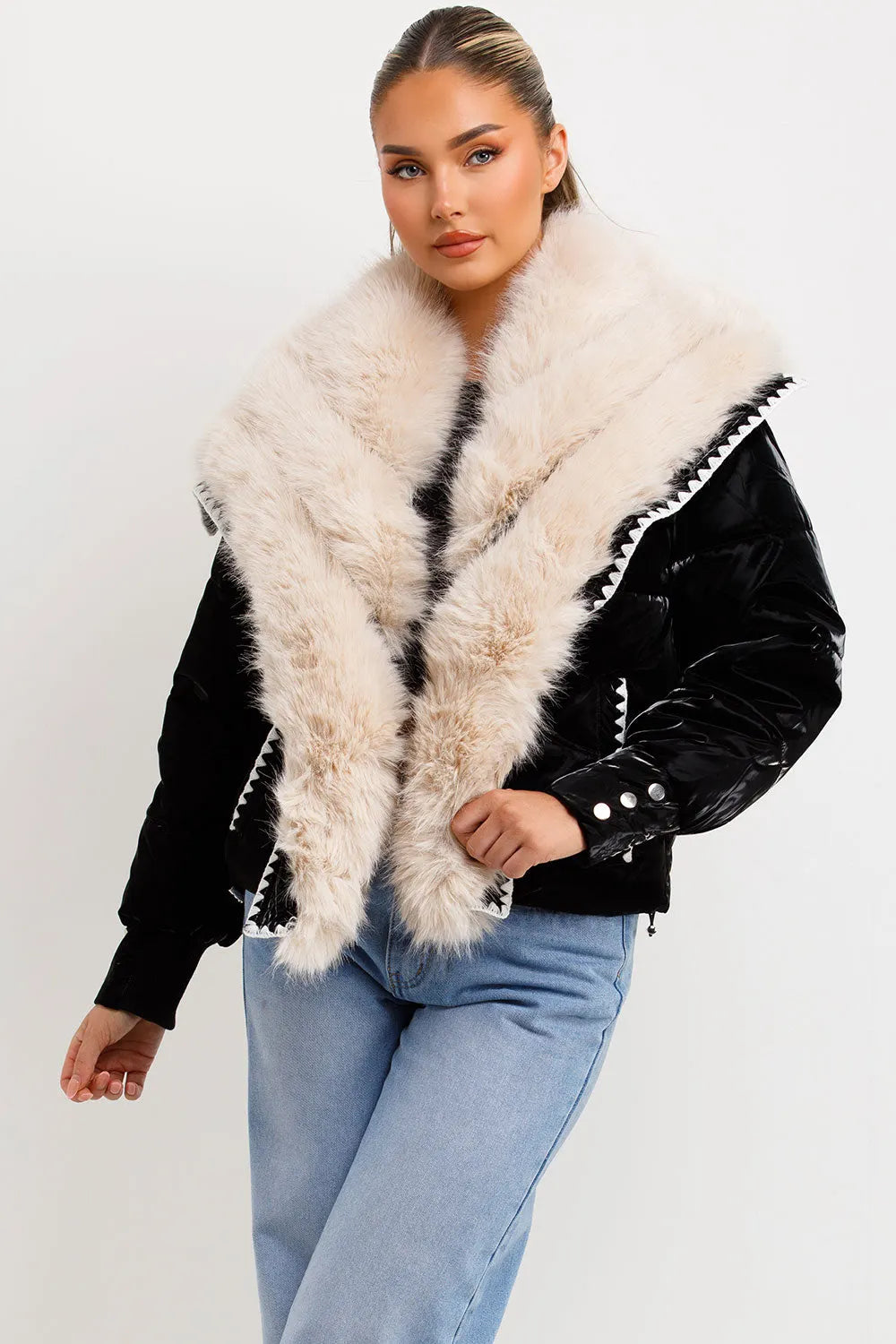 Faux Fur Collar And Trim Puffer Coat With Contrast Stitching Detail Black