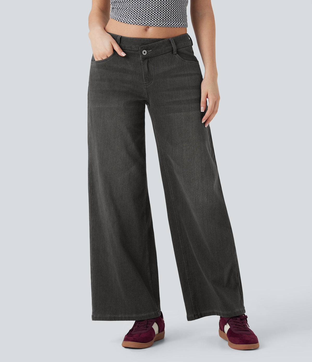 FlexTM Asymmetric Low Rise Zipper Pockets Baggy Wide Leg Washed Casual Jeans