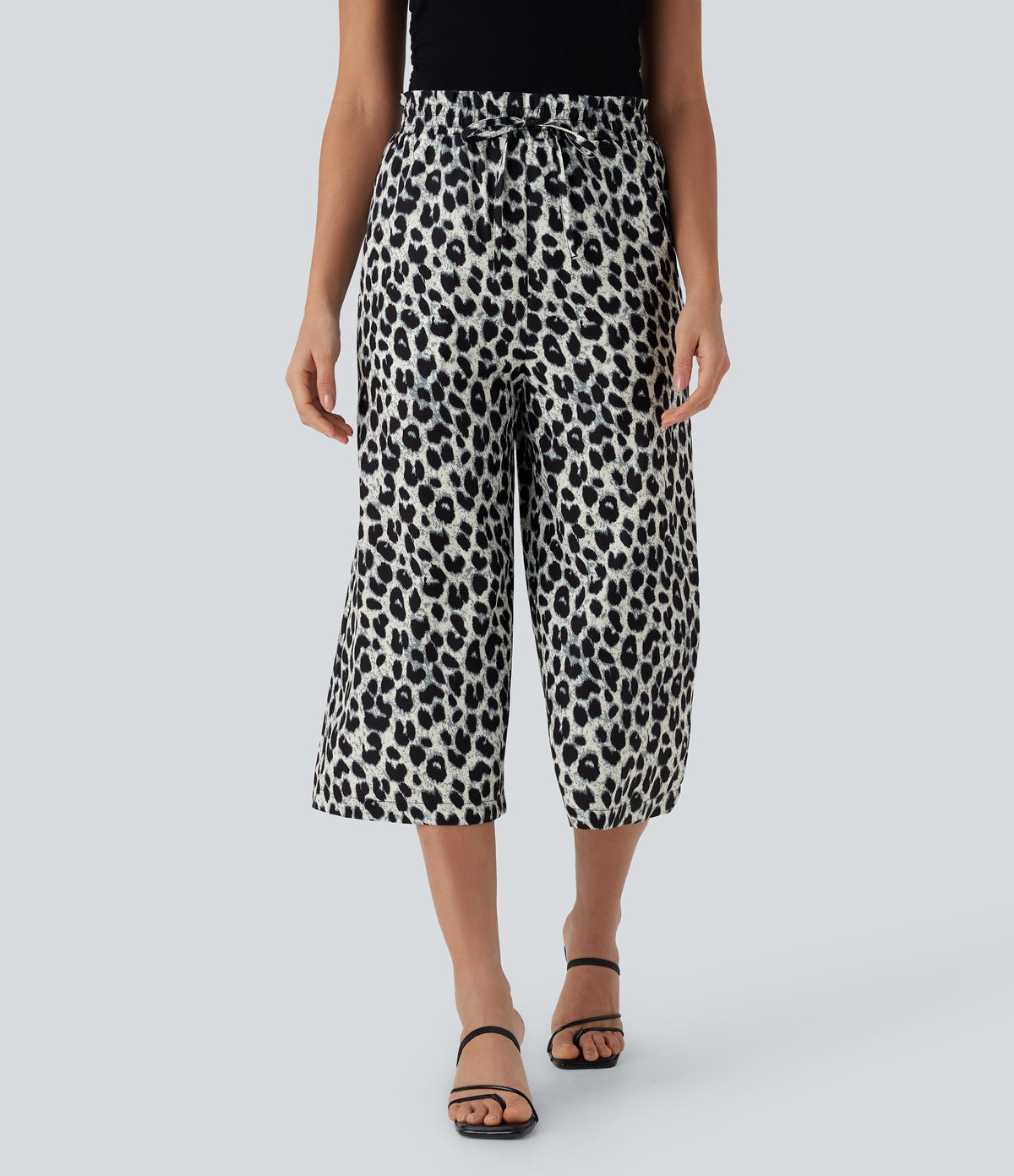 High Waisted Drawstring Leopard Print Wide Leg Capri Casual Pants with Pockets