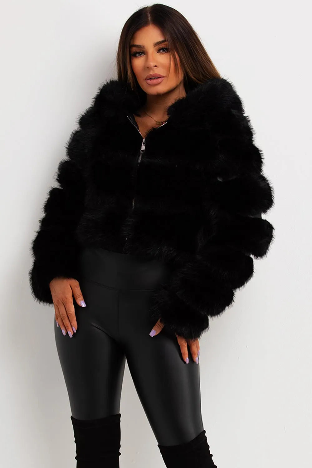Faux Fur Coat With Hood Black