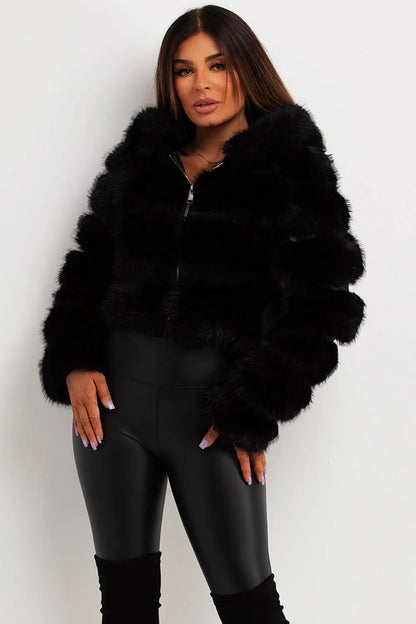 Faux Fur Coat With Hood Black