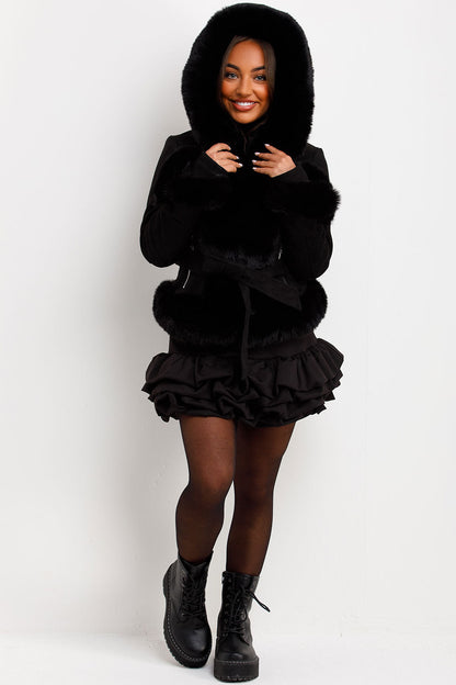 Faux Fur Faux Suede Jacket With Belt Black