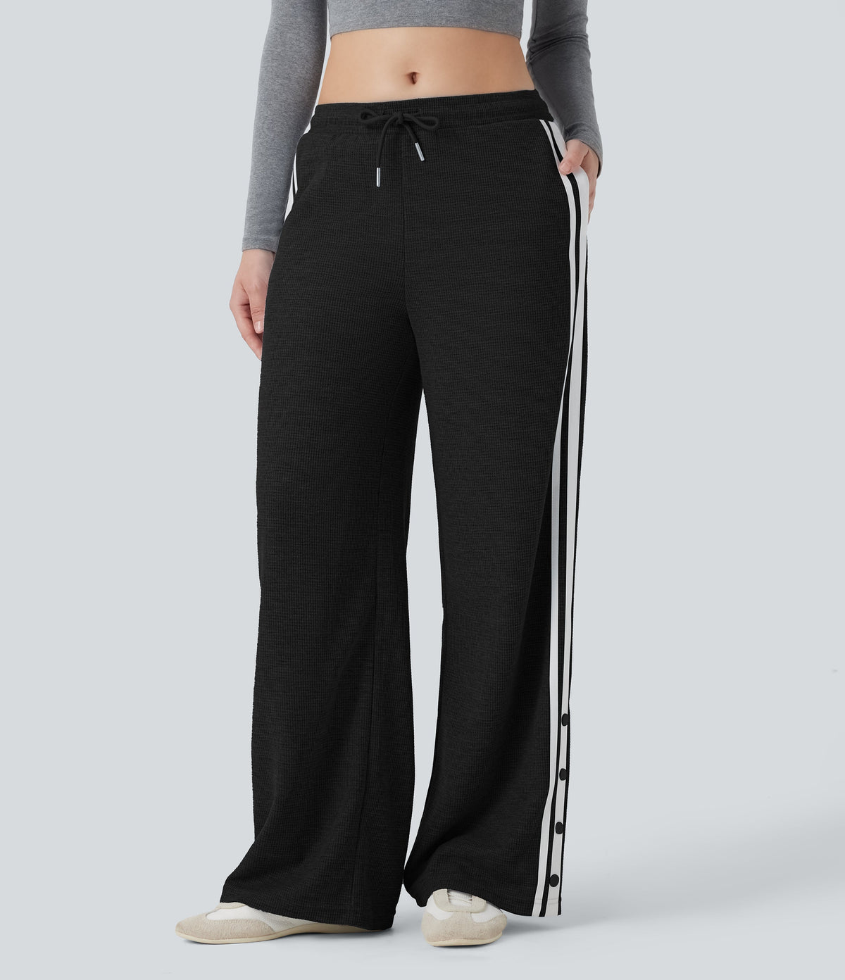 Low Rise Drawstring Color Block Snap Waffle Casual Wide Leg Pants with Pockets