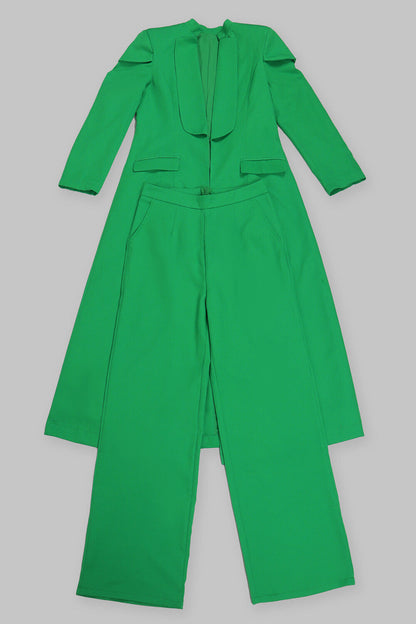 Turndown Collar Solid Color Long Blazer High Waist Pants 2pcs Set-Green