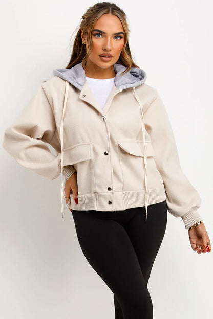 Bomber Baseball Jacket With Hood Beige