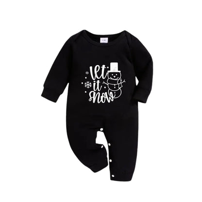 Christmas Family Matching Pajamas-Black Top and Green Plaid Pants Pjs Set with Snowman and Christmas Slogan Print