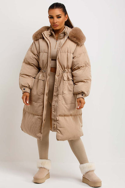 Long Puffer Coat With Faux Fur Hood And Drawstring Waist Beige