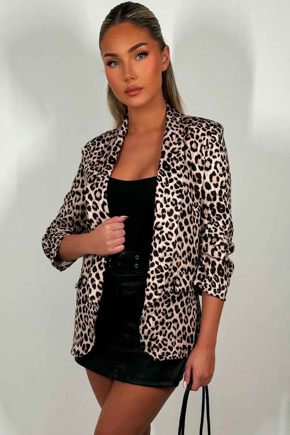 Leopard Print Ruched Sleeve Blazer