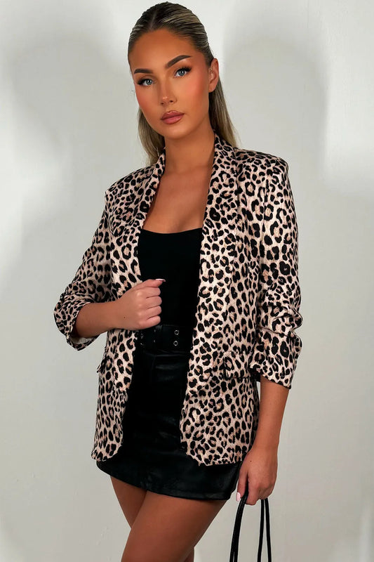Leopard Print Ruched Sleeve Blazer