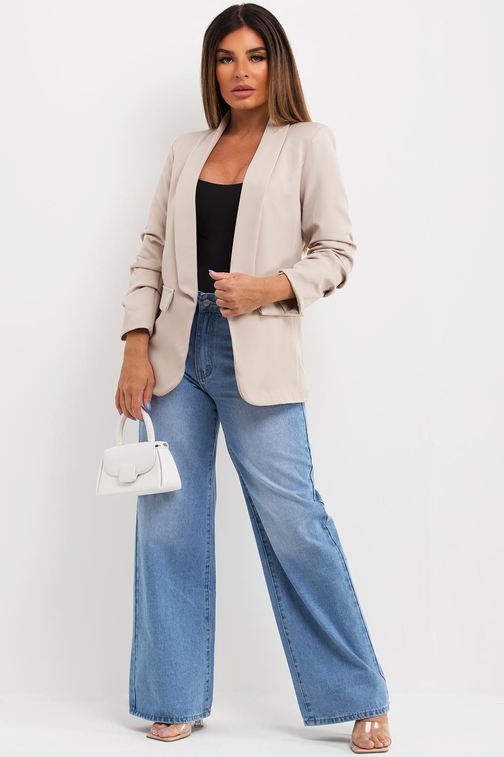 Beige Ruched Sleeve Blazer Jacket
