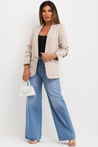 Beige Ruched Sleeve Blazer Jacket