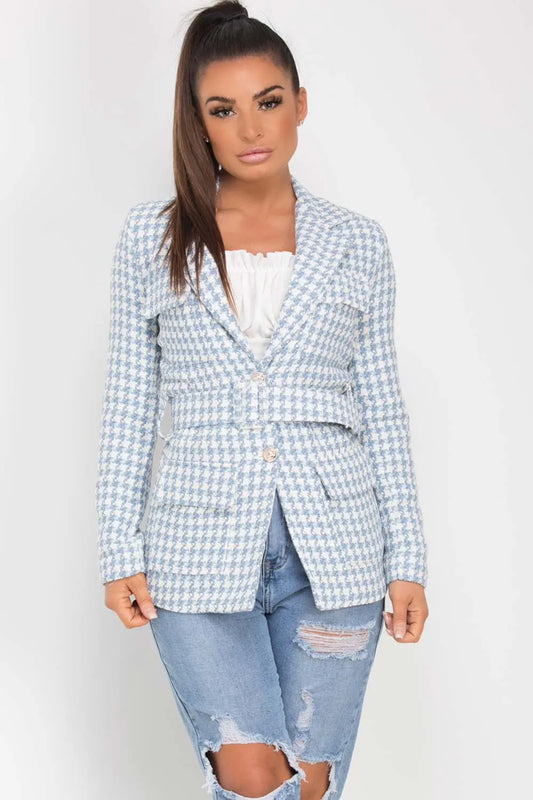 Tweed Blazer With Belt Sky Blue