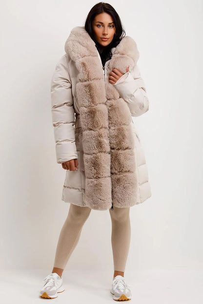Beige Long Puffer Padded Coat With Faux Fur Hood And Trim