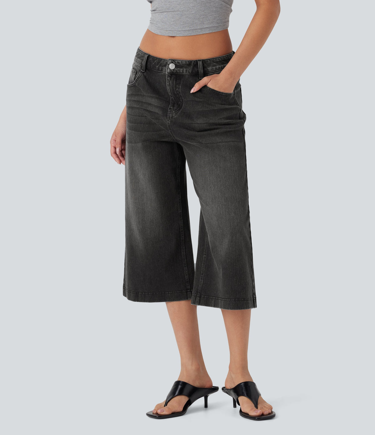 FlexTM Low Rise Washed Casual Capri Baggy Jeans with Pockets