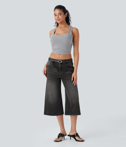 FlexTM Low Rise Washed Casual Capri Baggy Jeans with Pockets