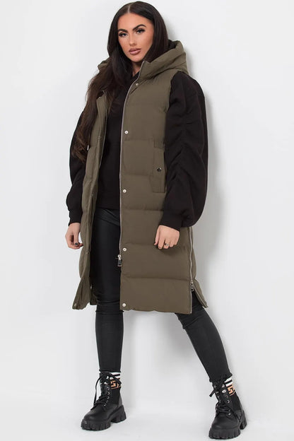 Longline Hooded Gilet Khaki