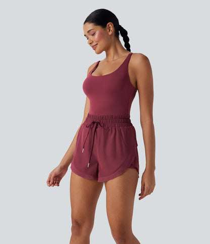Shirred Drawstring 2-in-1 Running Romper with Pockets