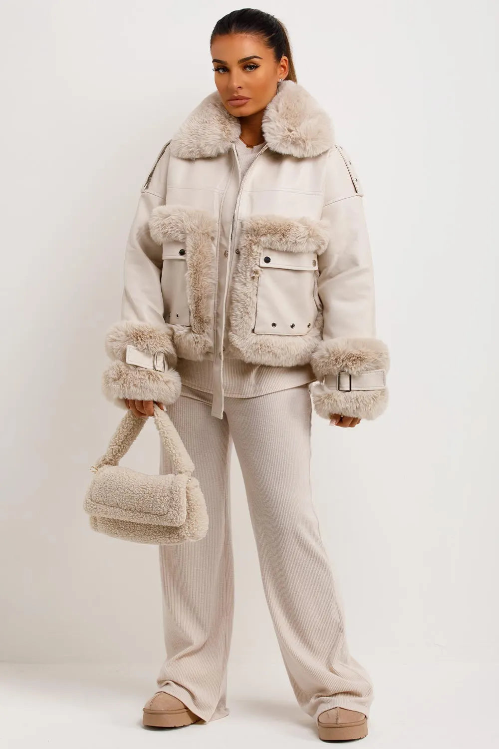 Faux Fur Trim Faux Leather Jacket Beige