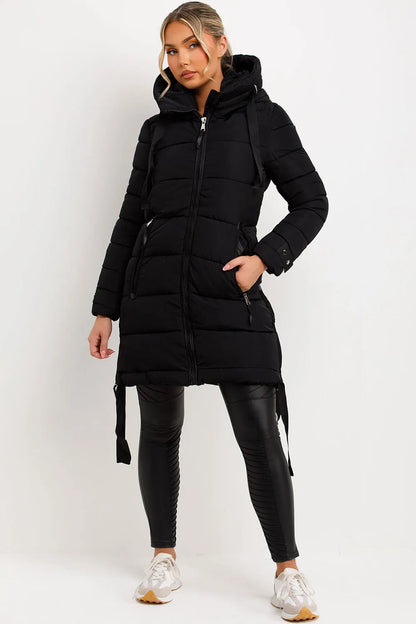 Long Puffer Coat With Hood And Side Straps Black