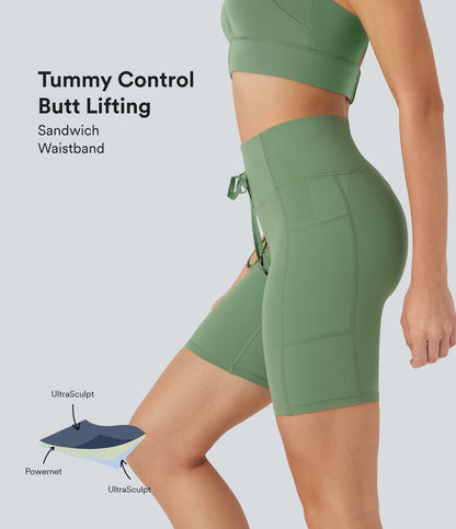 UltraSculptTM SoCinched High Waisted Butt Lifting Tummy Control Loop Running Biker Shorts 7'' with Pockets