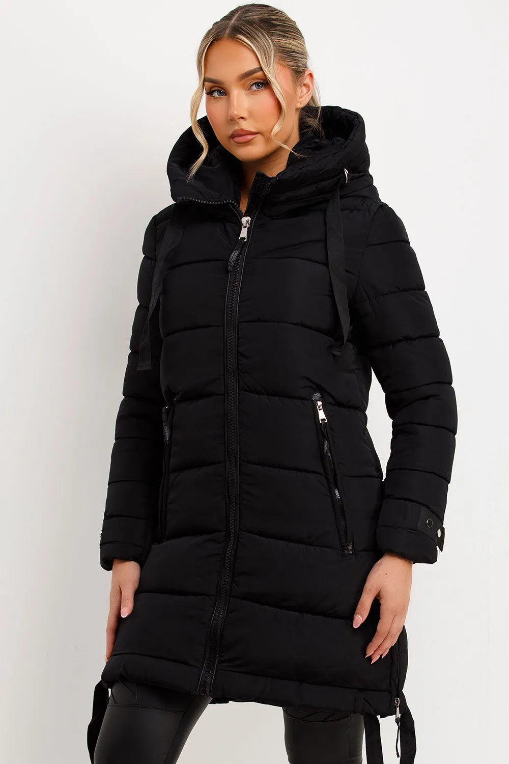 Long Puffer Coat With Hood And Side Straps Black