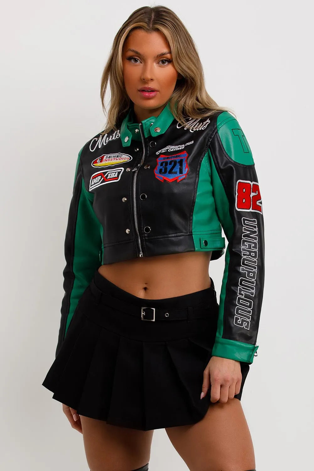 Faux Leather Racer Jacket Green