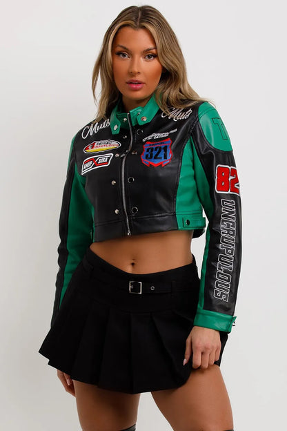 Faux Leather Racer Jacket Green