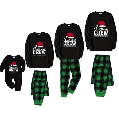 Christmas Family Matching Pajamas-Black Top and Green Plaid Pants Pjs Set with "Christmas Crew Making Memories Together " and Santa Hat Pattern Print