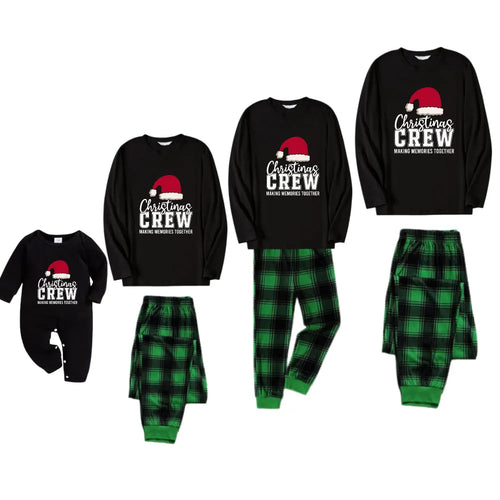 Christmas Family Matching Pajamas-Black Top and Green Plaid Pants Pjs Set with "Christmas Crew Making Memories Together " and Santa Hat Pattern Print