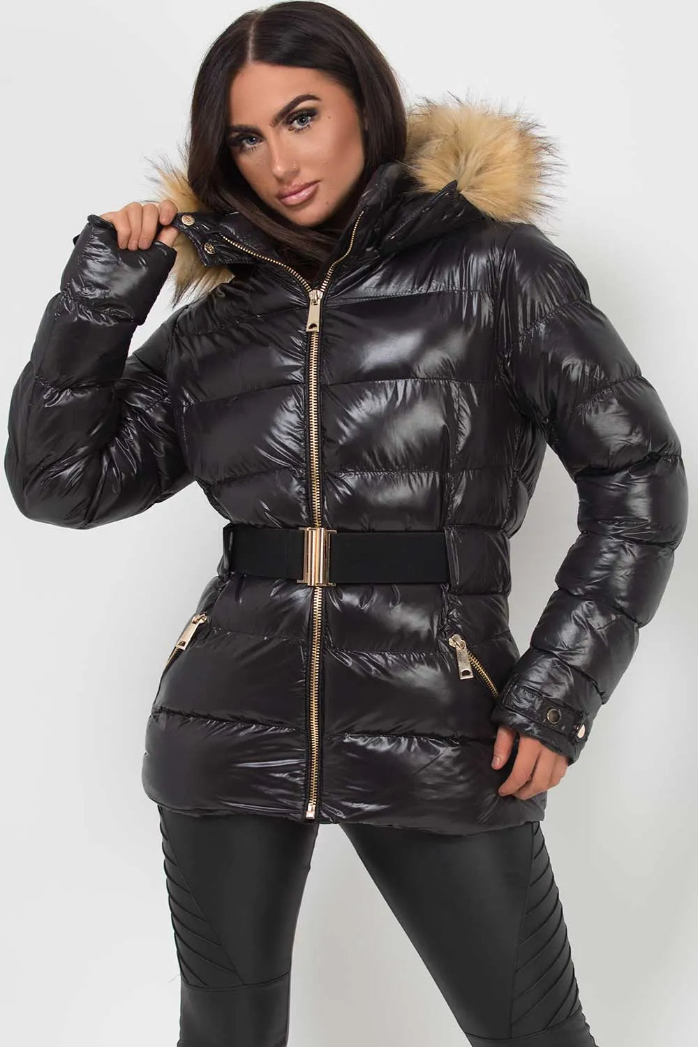 Shiny Puffer Belted Jacket With Faux Fur Hood