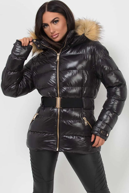 Shiny Puffer Belted Jacket With Faux Fur Hood