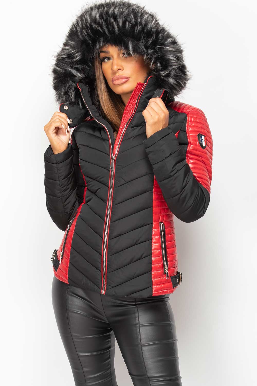 Puffer Coat With Faux Fur Black And Red