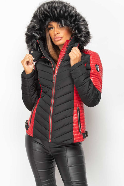Puffer Coat With Faux Fur Black And Red