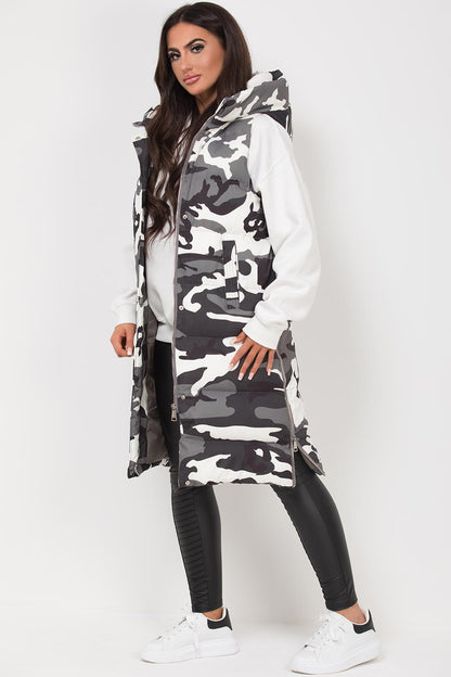 Camouflage Longline Puffer Gilet Grey