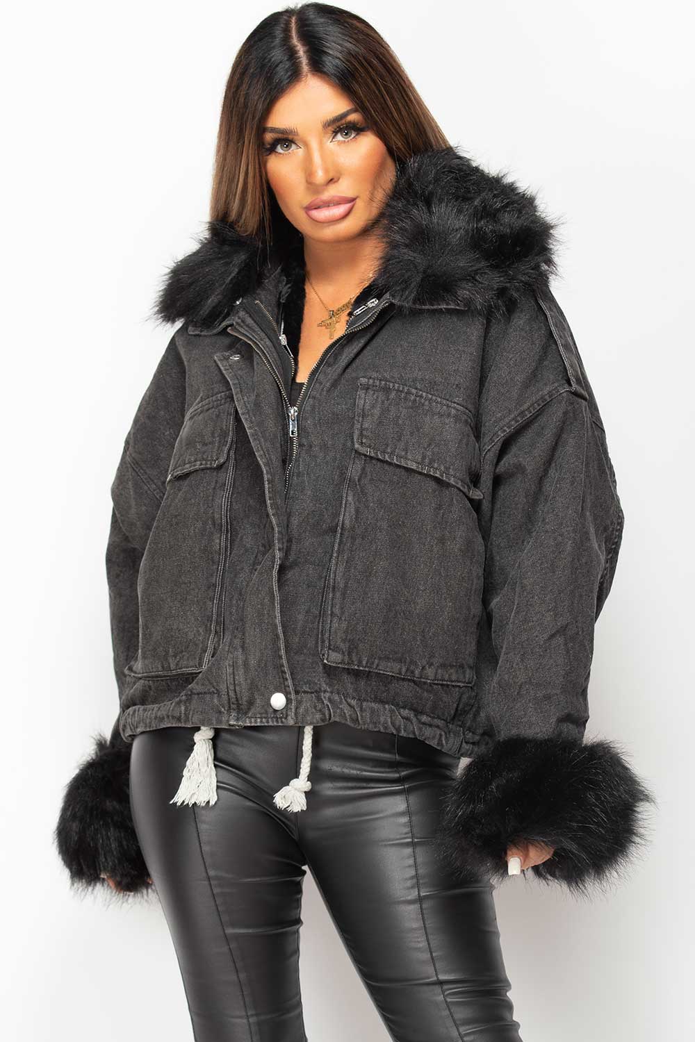Black Denim Faux Fur Oversized Jacket