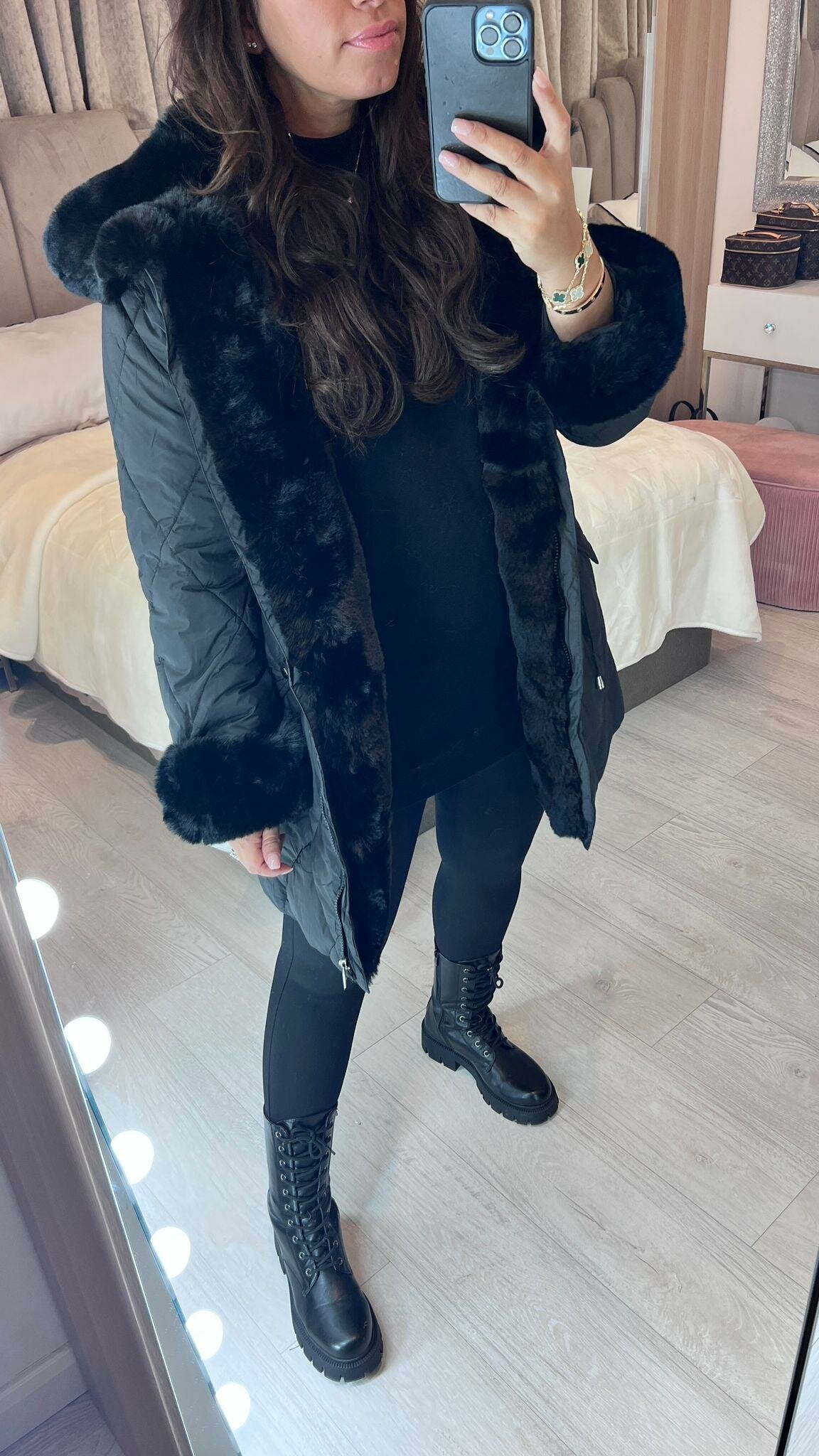 Alice Black Faux Fur Detail Quilted Coat