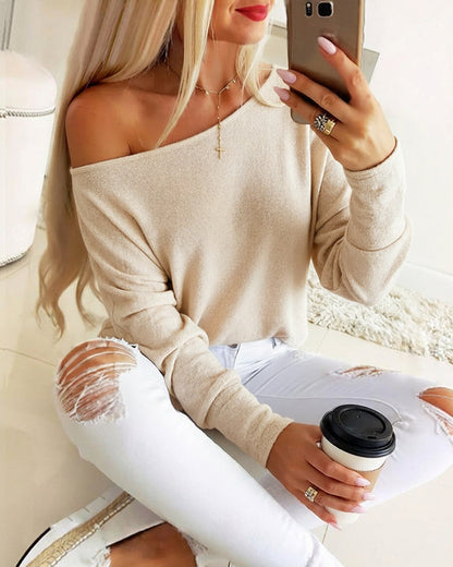 Women's Convertible Shoulder Batwing Sleeve Top Long Sleeve Loose Fit Casual Knit Tee