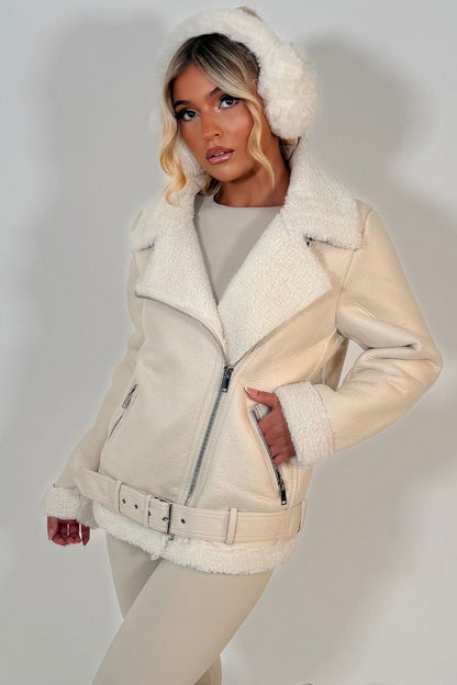 Aviator Jacket With Shearling Detail Beige