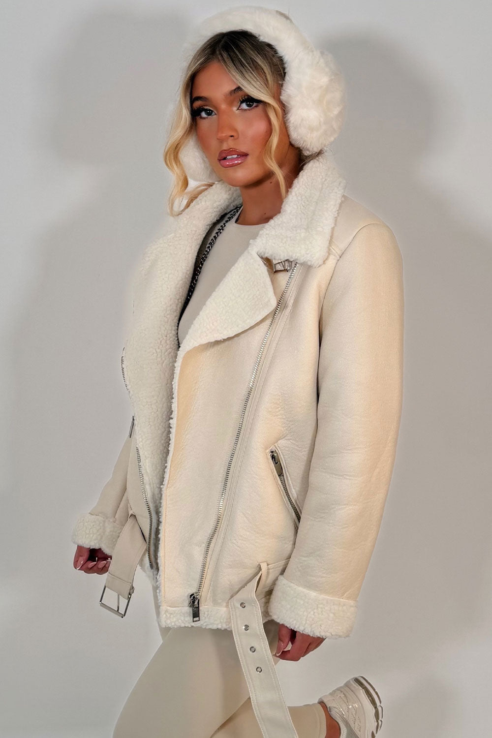 Aviator Jacket With Shearling Detail Beige