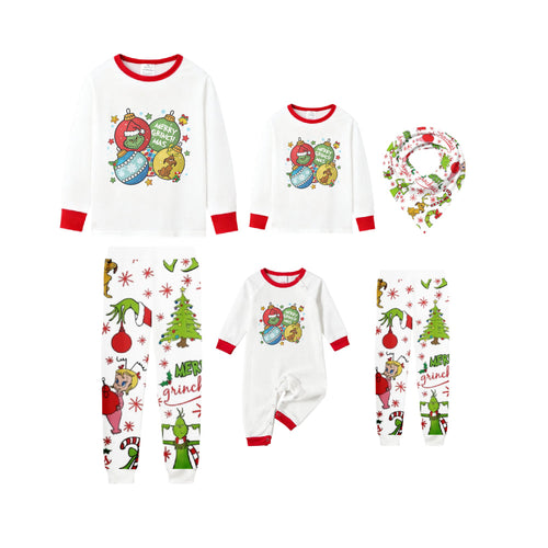 Family Christmas White Pajamas Set With Colorful Christmas Character Print