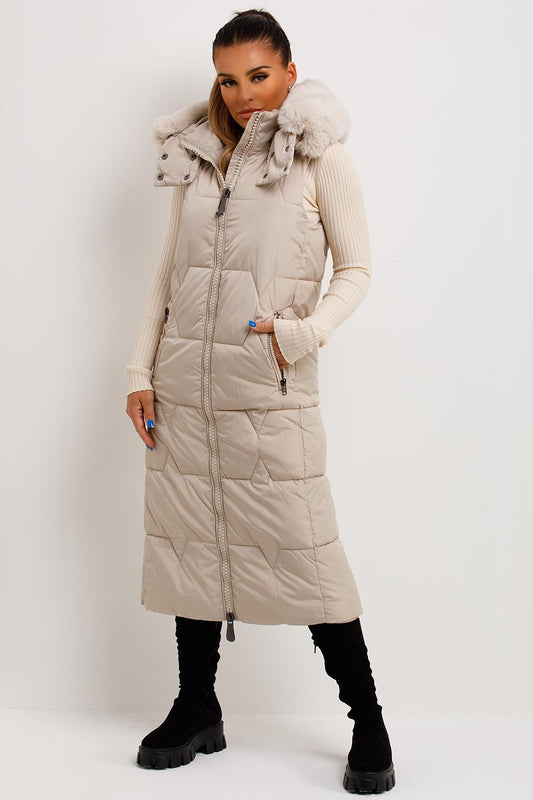 Long Puffer Gilet With Faux Fur Hood Beige