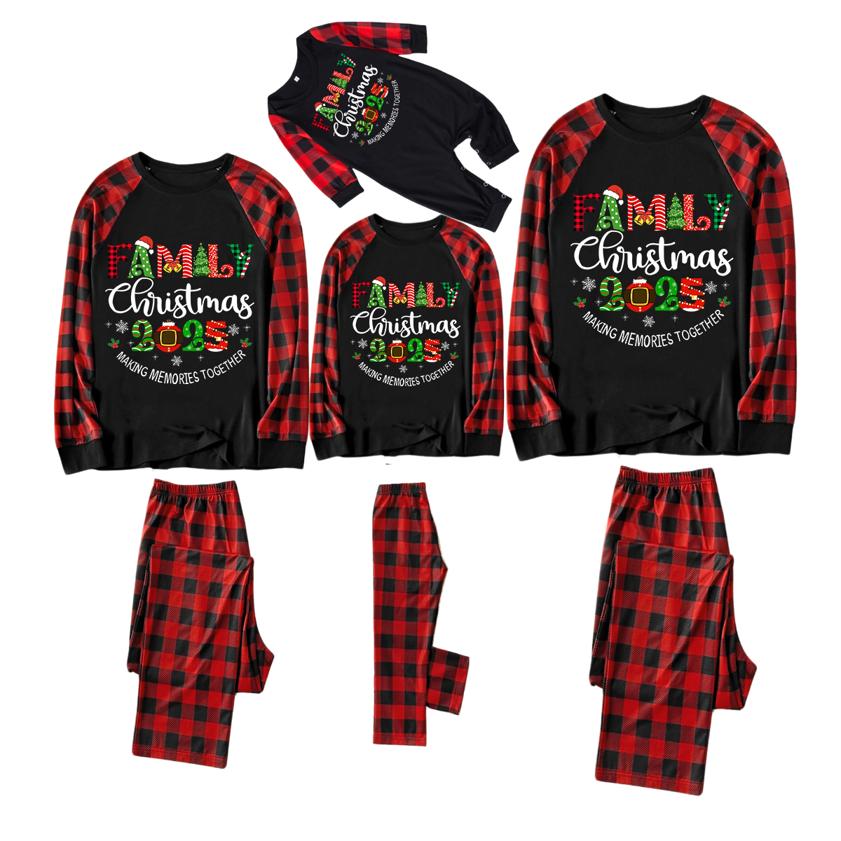 "Family Christmas 2025" Cute Print Black & Red Plaid Christmas Matching Pajamas