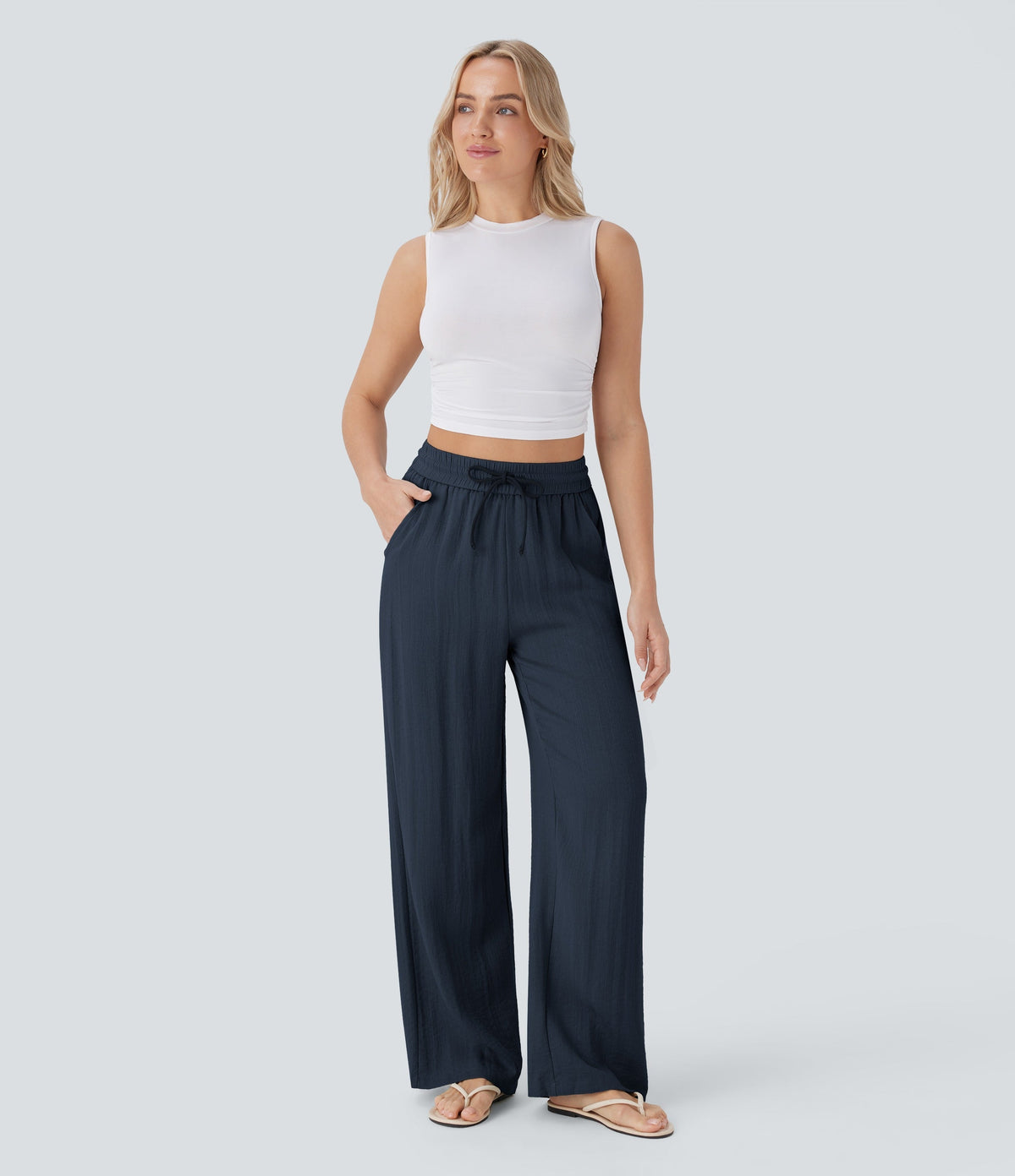 Women Summer High Waisted Drawstring Pocket Wide Leg Casual Linen-Feel Pants