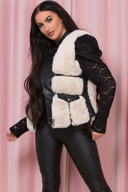 Faux Fur Faux Leather Gilet With Pocket Detail Beige