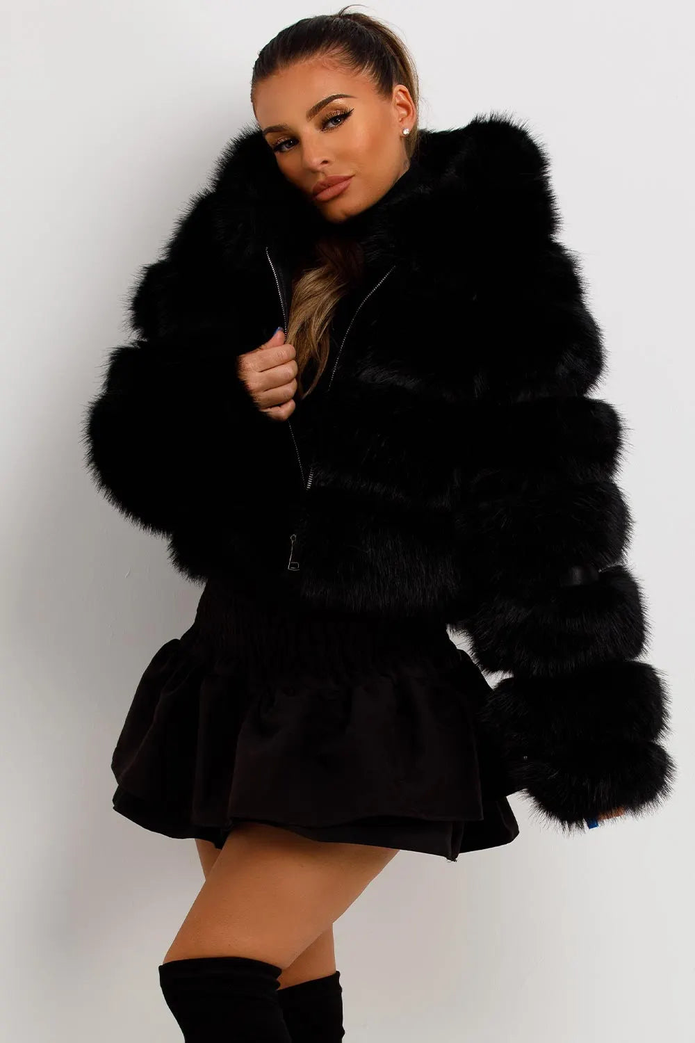 Faux Fur Coat With Hood Black