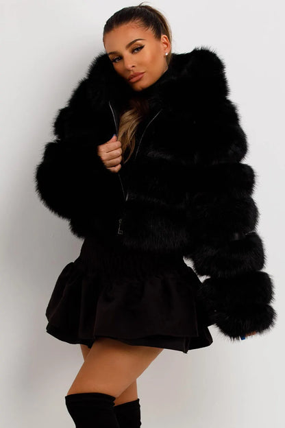 Faux Fur Coat With Hood Black