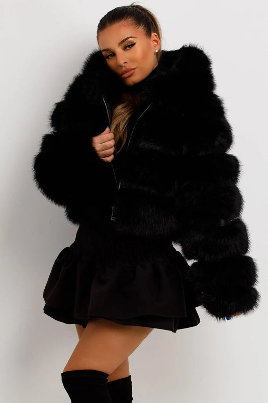Faux Fur Coat With Hood Black